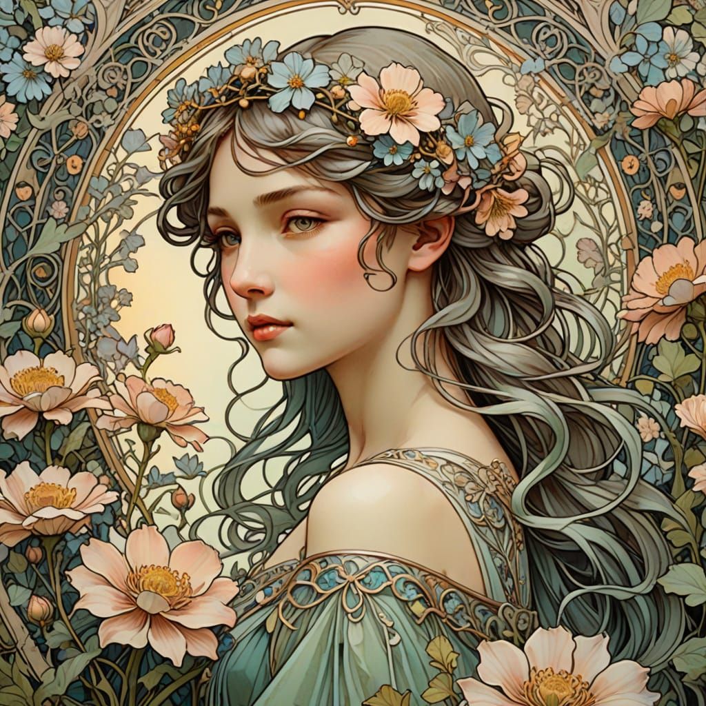 Art Nouveau Fairy of Flowers in Garden