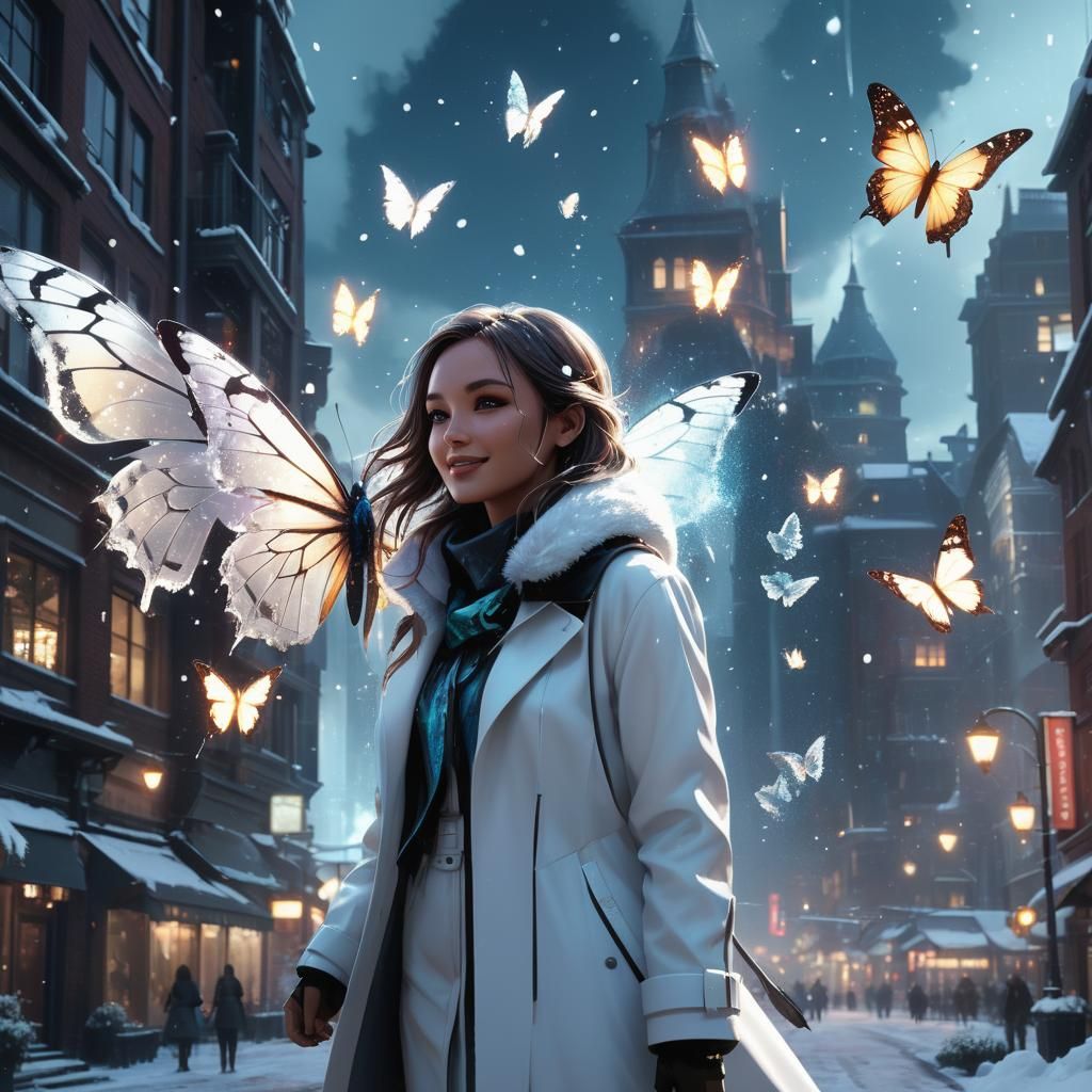Ice Butterfly Over Snowy City, Dark Fantasy Art