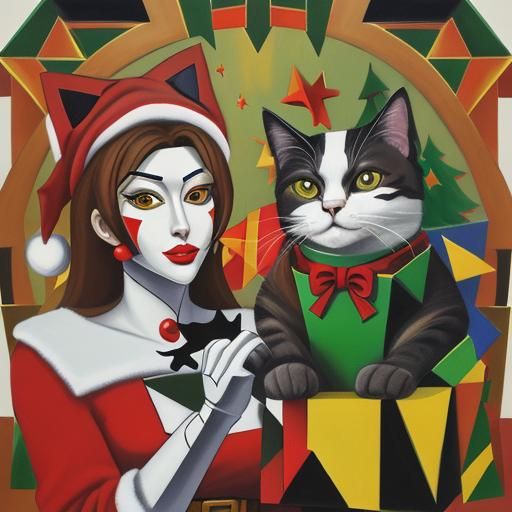 Cubist Christmas Card with Woman and Cat