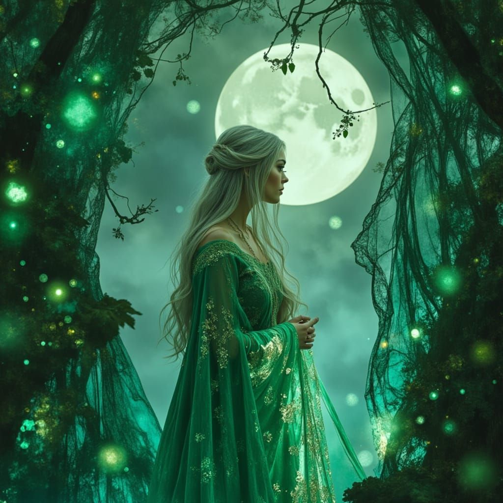 Regal Elf Queen in Moonlit Canopy Fantasy Art