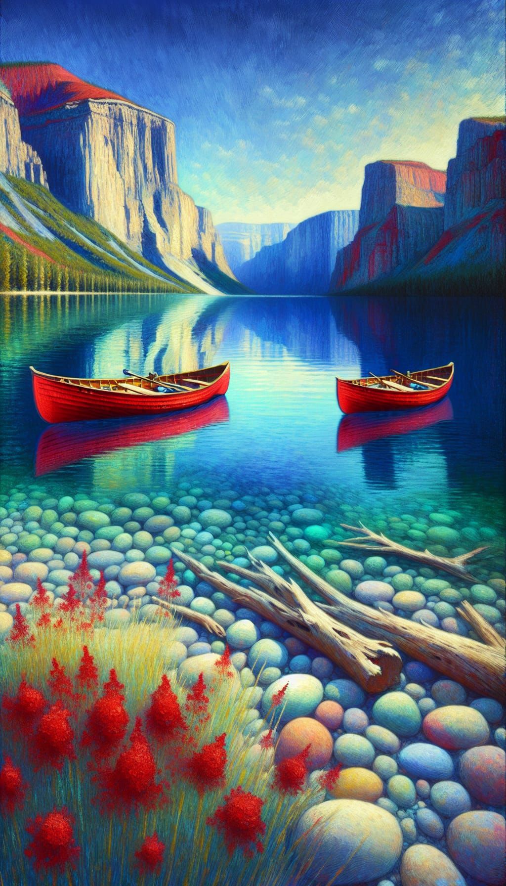 Impressionistic Lake Scene with Red Boats