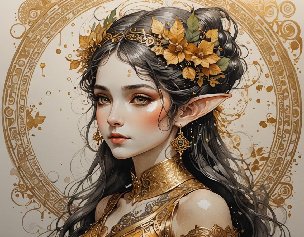 Detailed Ink Sketch of an Elf Lady