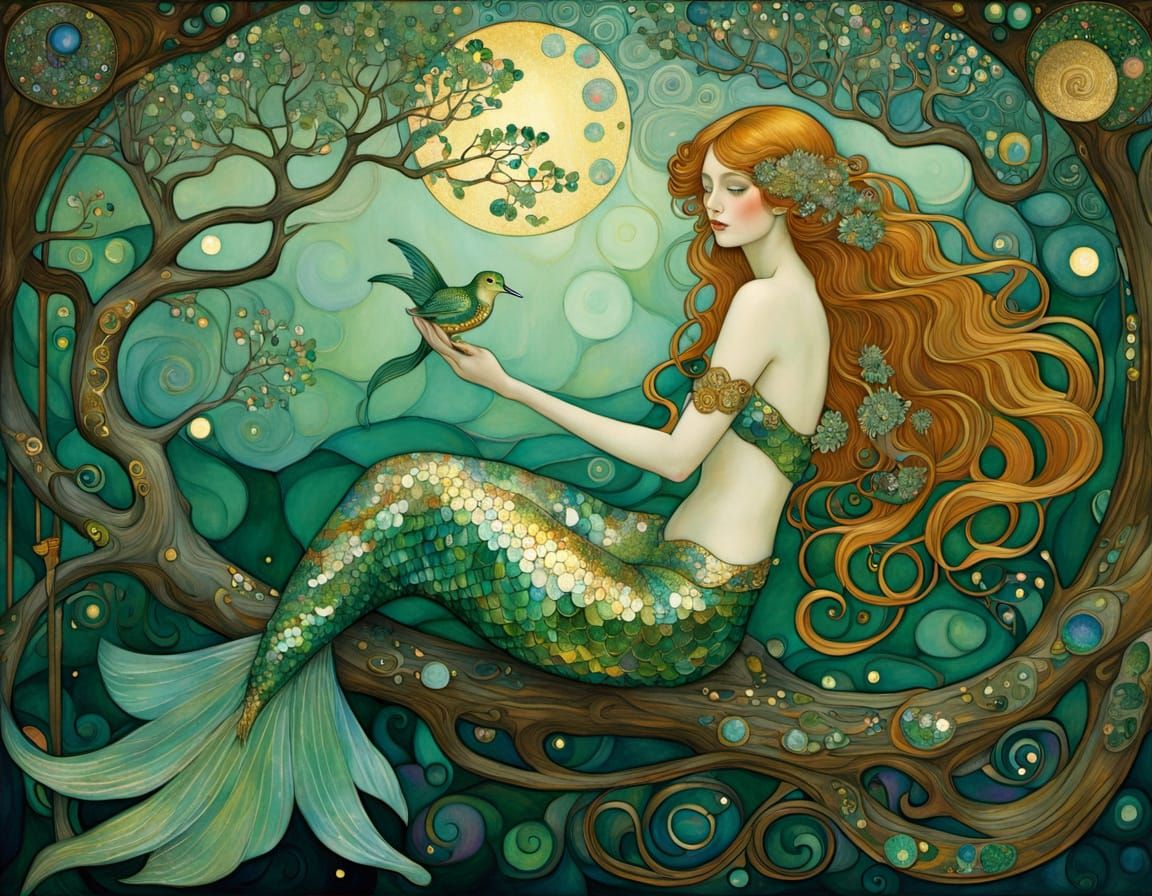Art Nouveau Mermaid with Magical Bird on Oak Tree