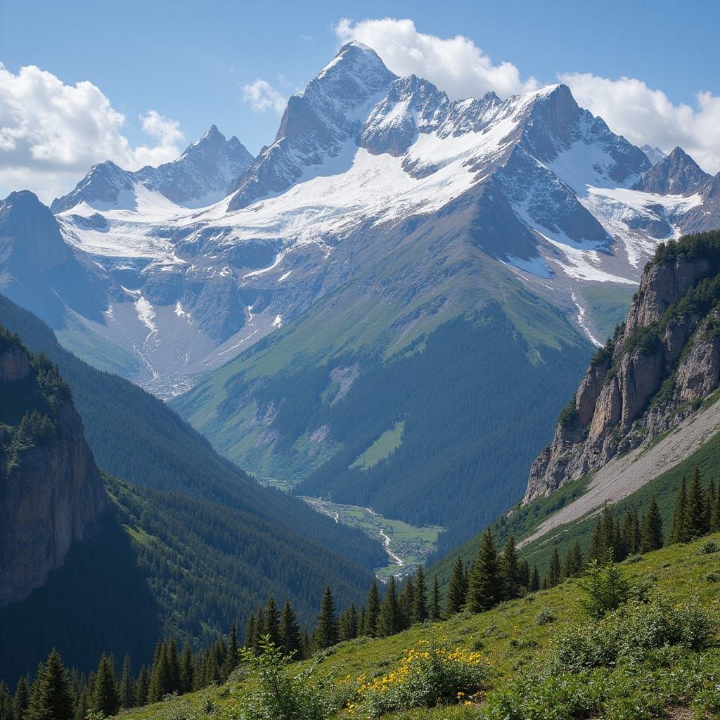 Majestic Mountain Landscape Painting with Lush Forests