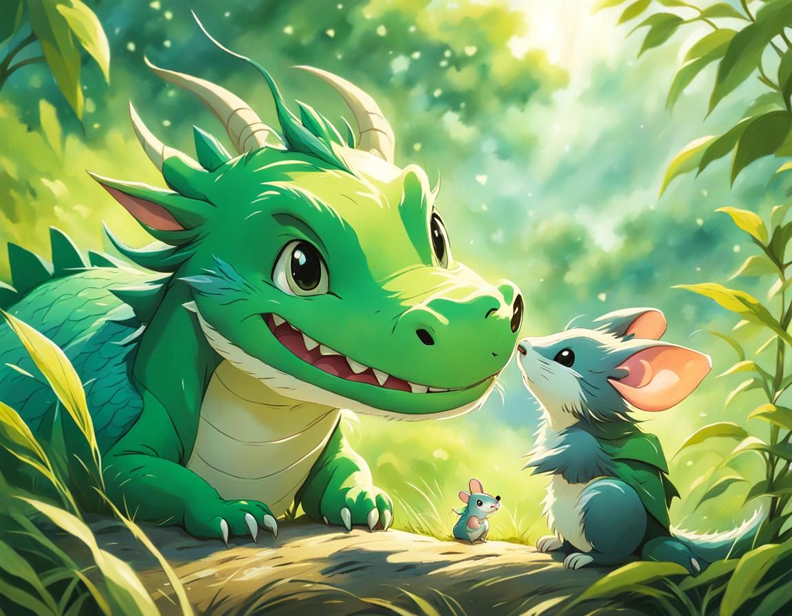 Friendly Dragon and Mouse in Ghibli Style