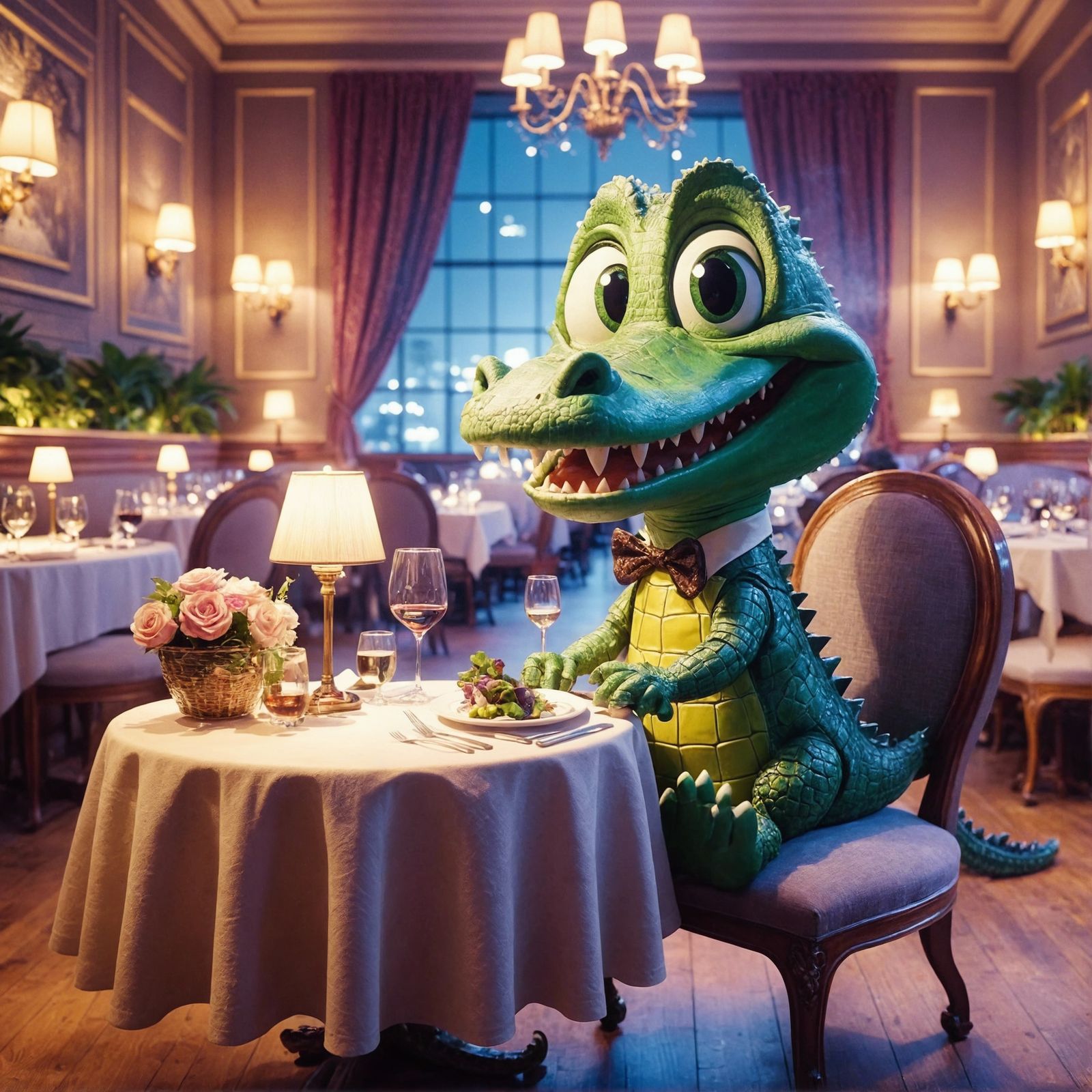 Cartoon Alligator's Romantic Date Night
