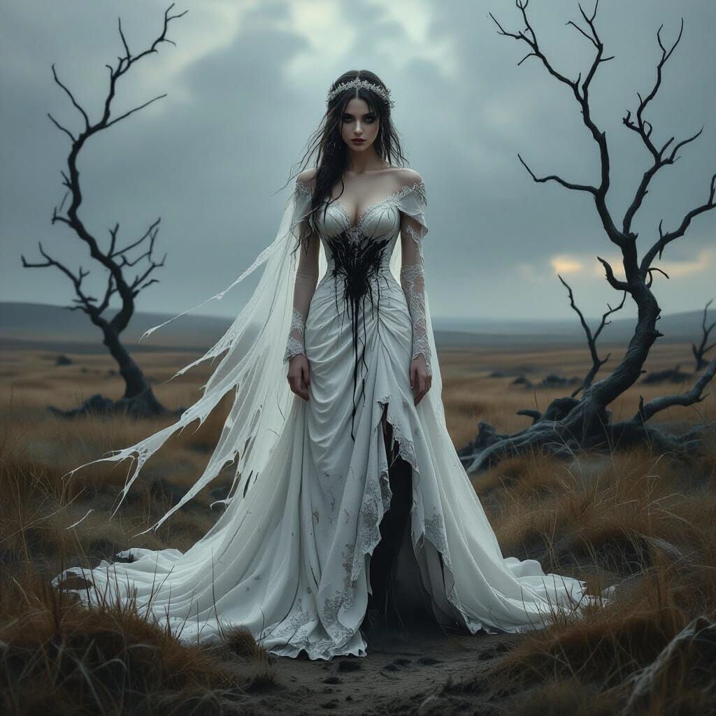 Elf Bride in Torn Gown on Windswept Moor
