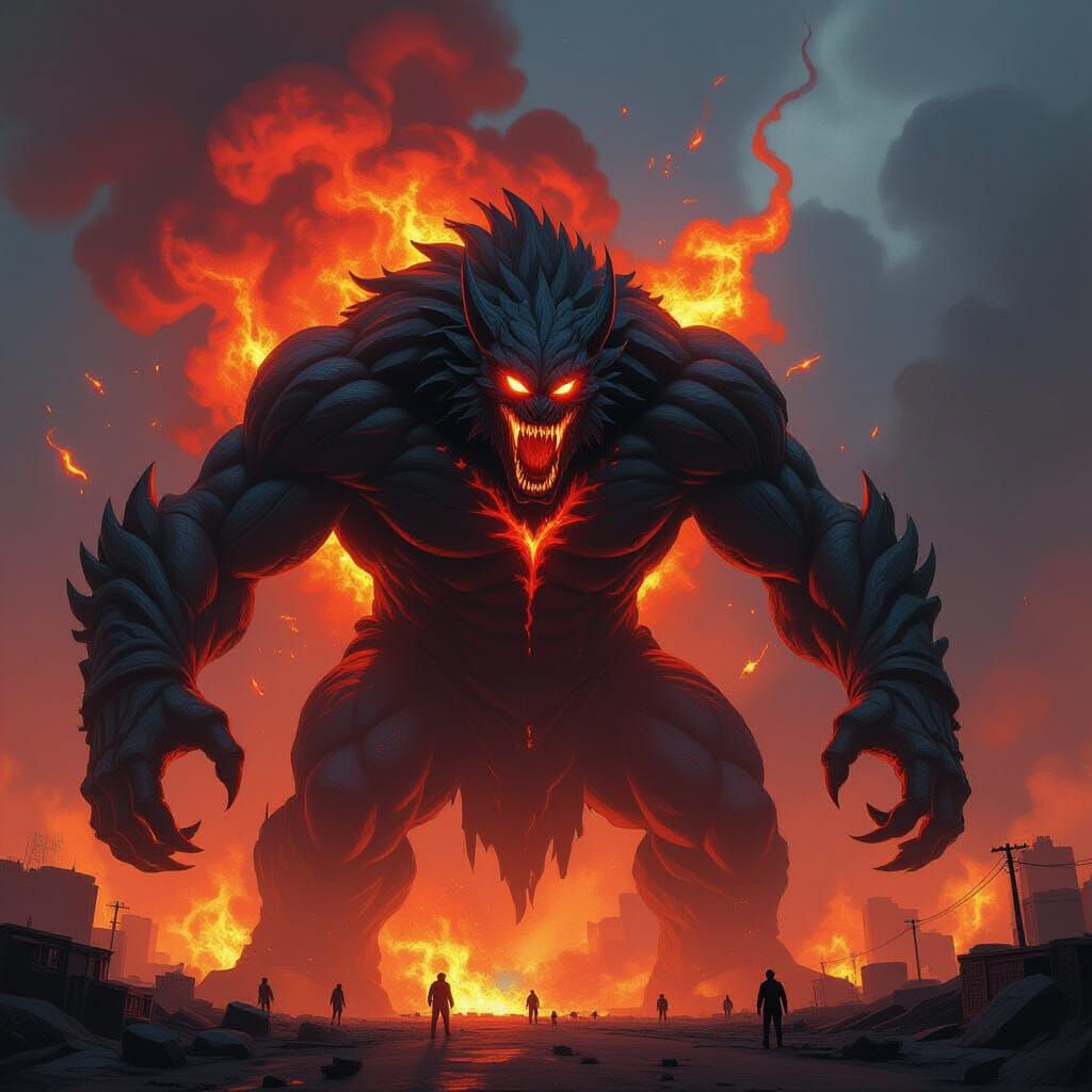 Colossal Molten Creature Battles in Dystopian Landscape