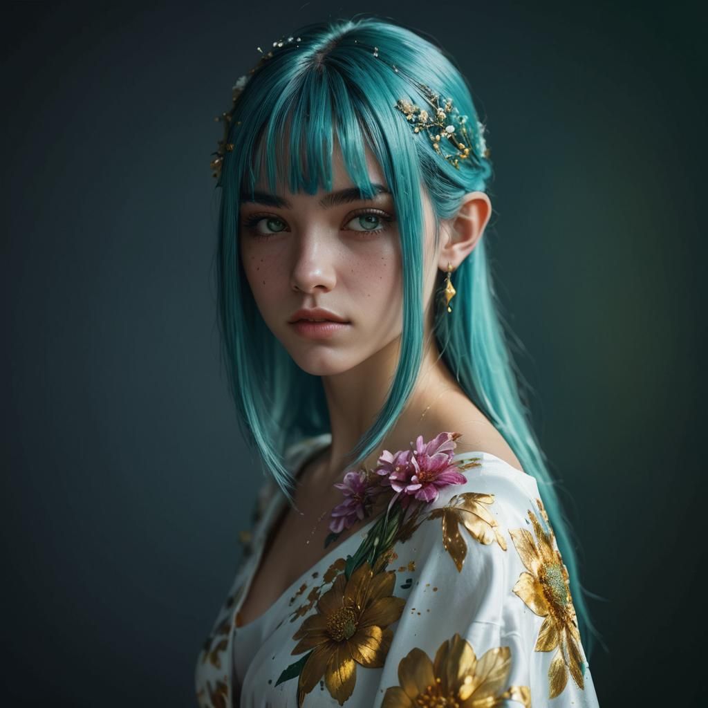 A beautiful teenage girl with greenish blue straight hair. A...