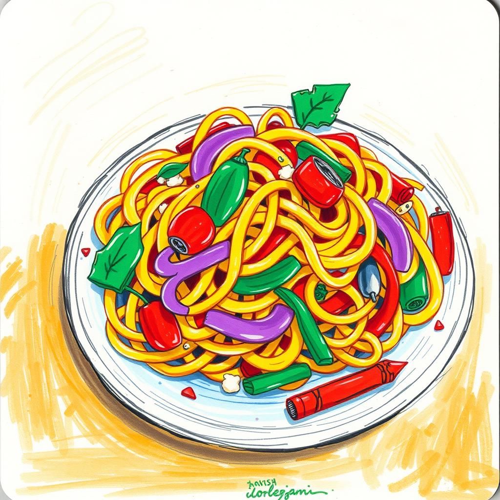 Whimsical Pasta Plate Drawn in Childlike Style