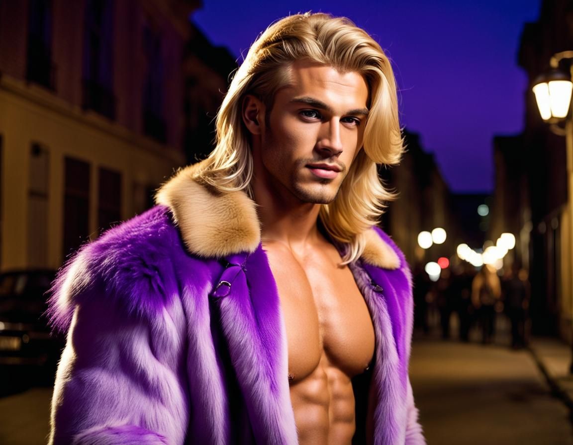 blonde man with purple fur