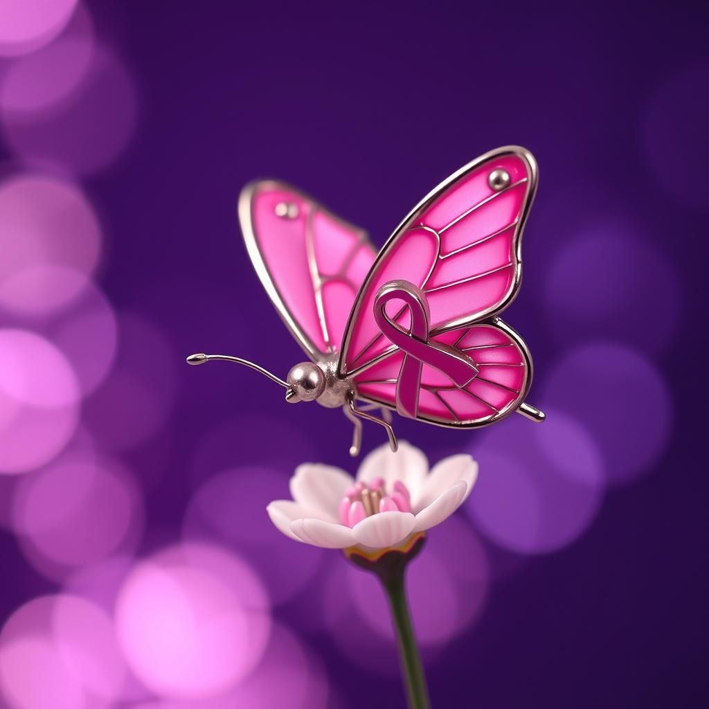 Enamel Glass Butterfly Figurine with Breast Cancer Ribbon