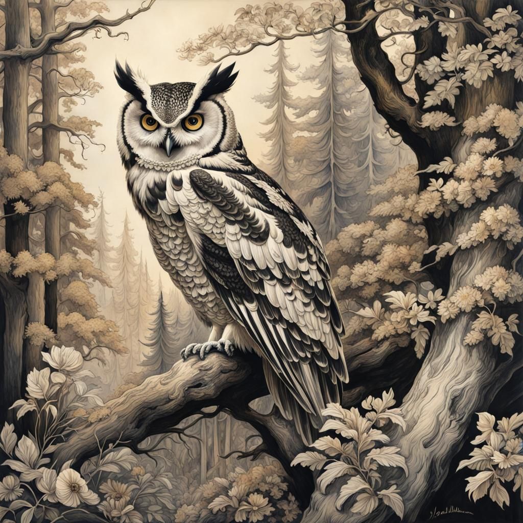 Monochrome Owl in Forest, Vanilla Palette