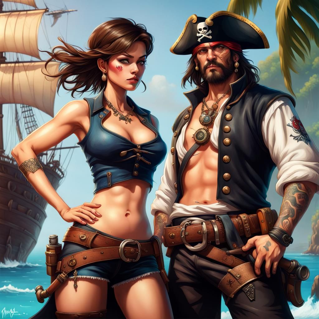 Female Pirate and Thai Captain in Splash Art Style
