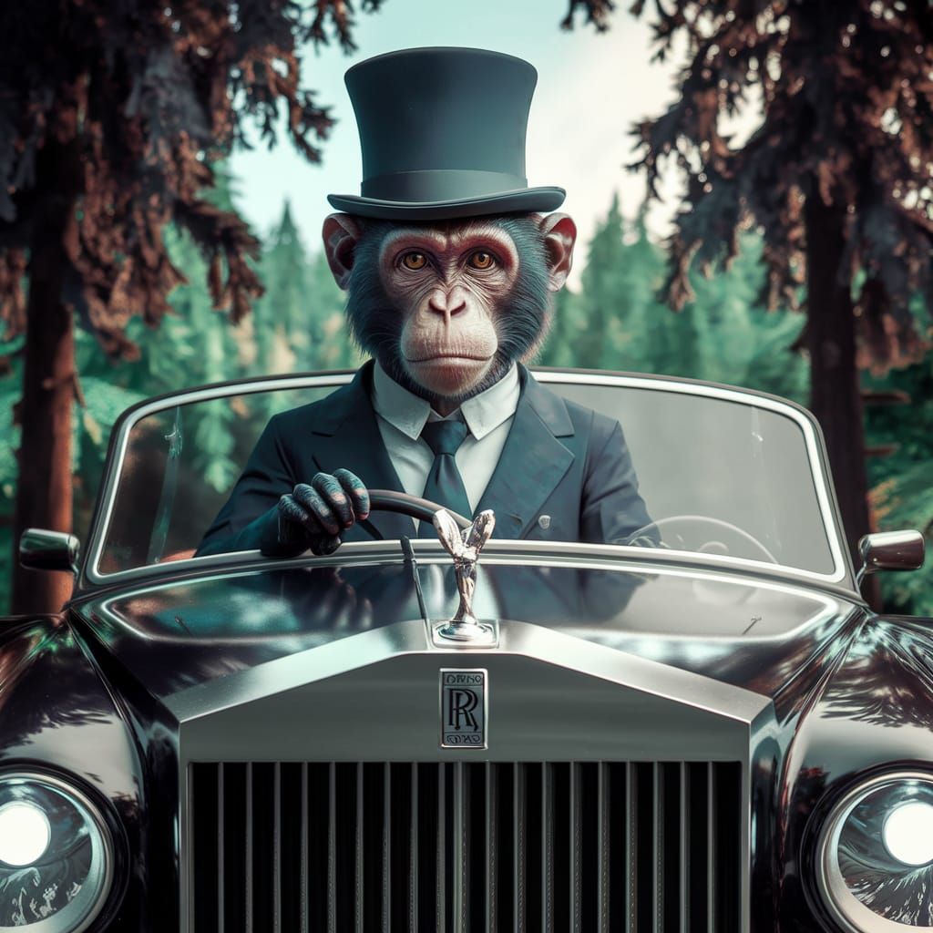 Monkey in Suit Driving Rolls-Royce: Fantasy Art