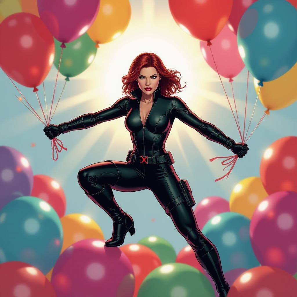 Black Widow Crushes Balloons in Comic Book Art Style