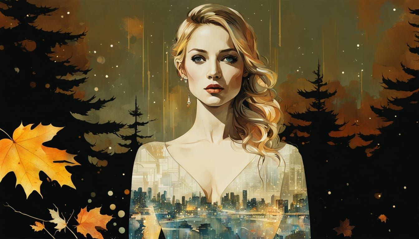 Galaxy Drips into Autumn Cityscape Silhouette