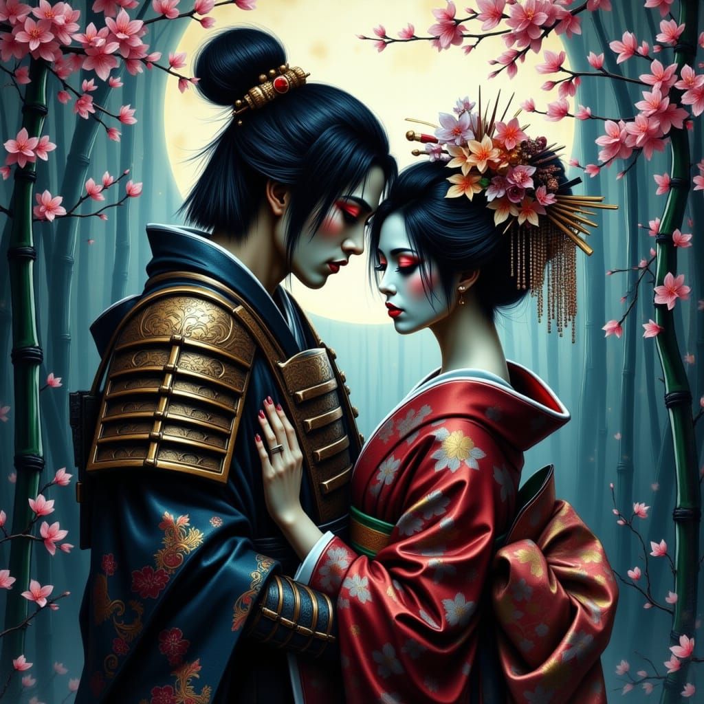 Samurai and Geisha Embrace in Moonlit Bamboo Forest
