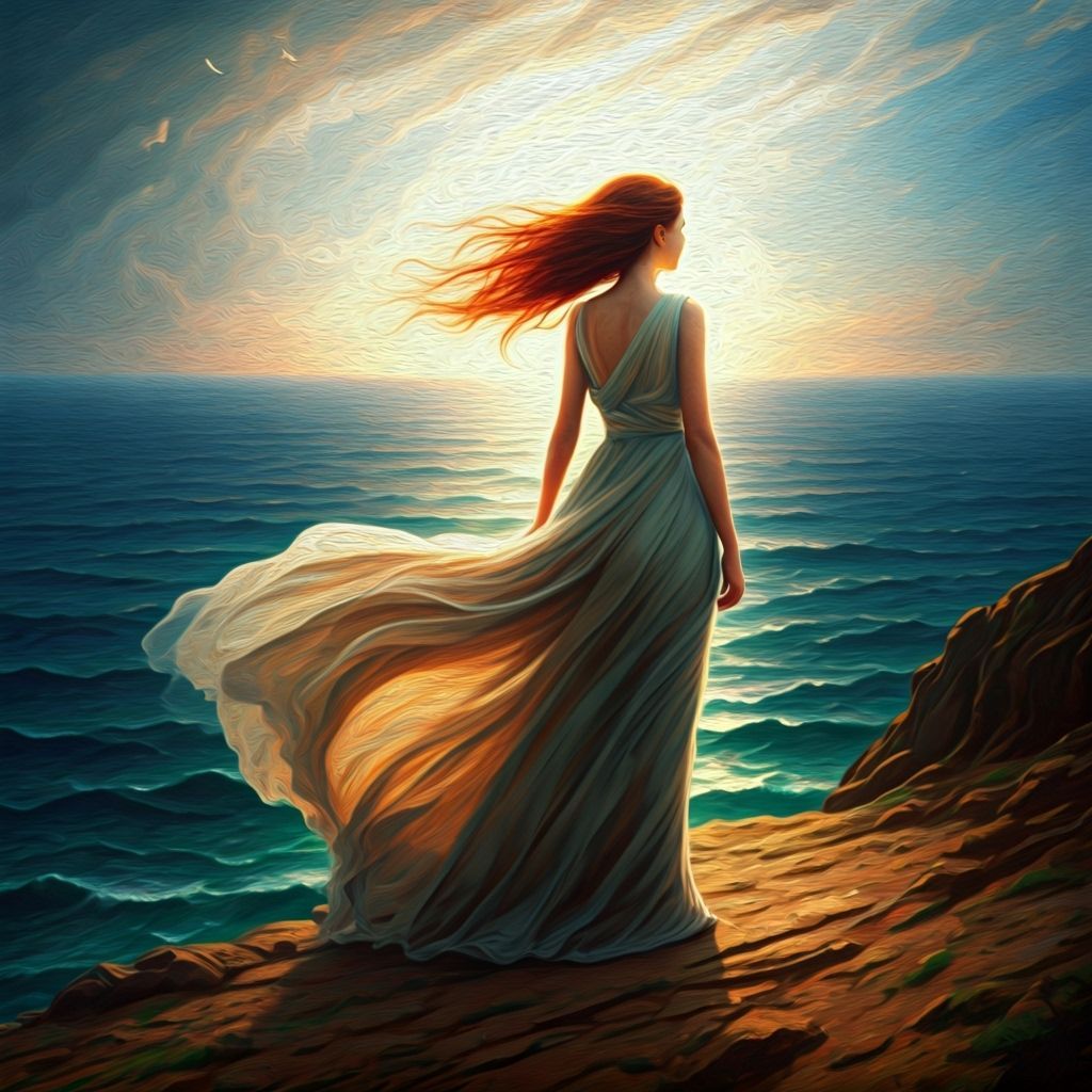 Woman on Cliff Overlooking Stormy Ocean