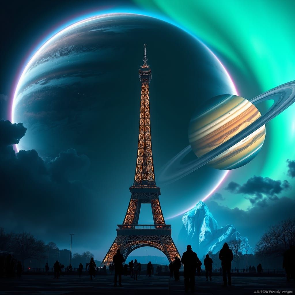 Ethereal Eiffel Tower in Neon Halos with Jupiter, Saturn, an...