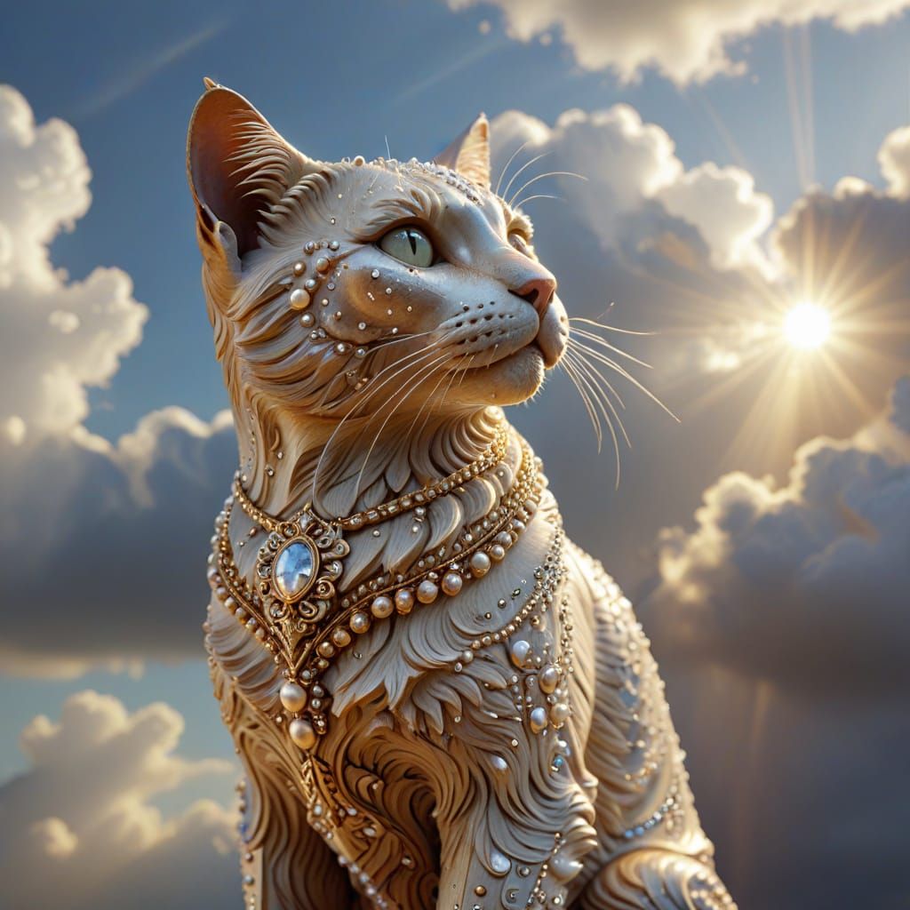 Baroque Wood Carving of a Cat with Pearls and Inlays