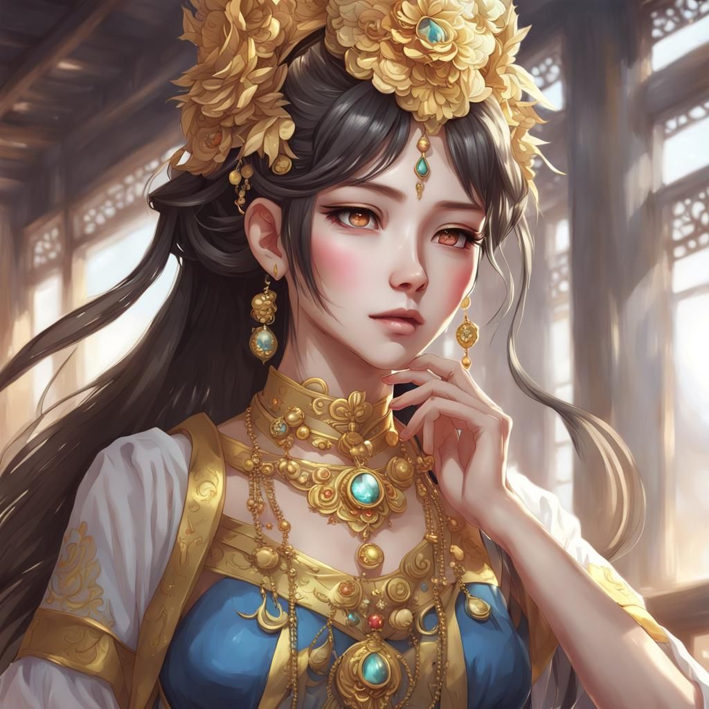 Anime Character in Gold Jewelry: Xianxia Fantasy Art