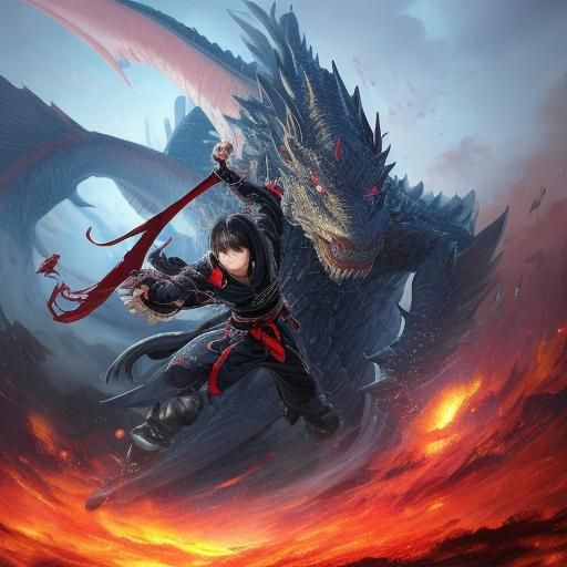Ninja vs Dragon in Anime Key Visual Style