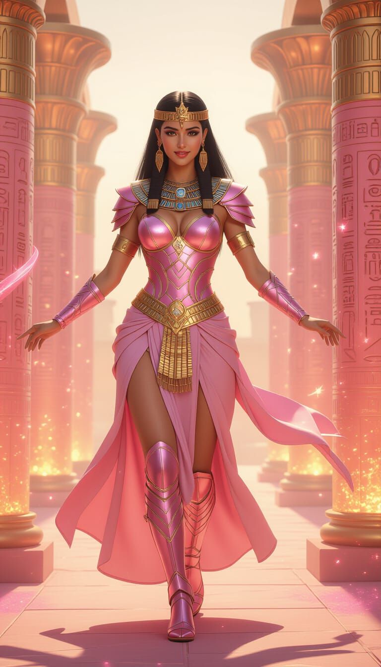 Egyptian Warrior Queen in Pink Armor Dancing Gracefully
