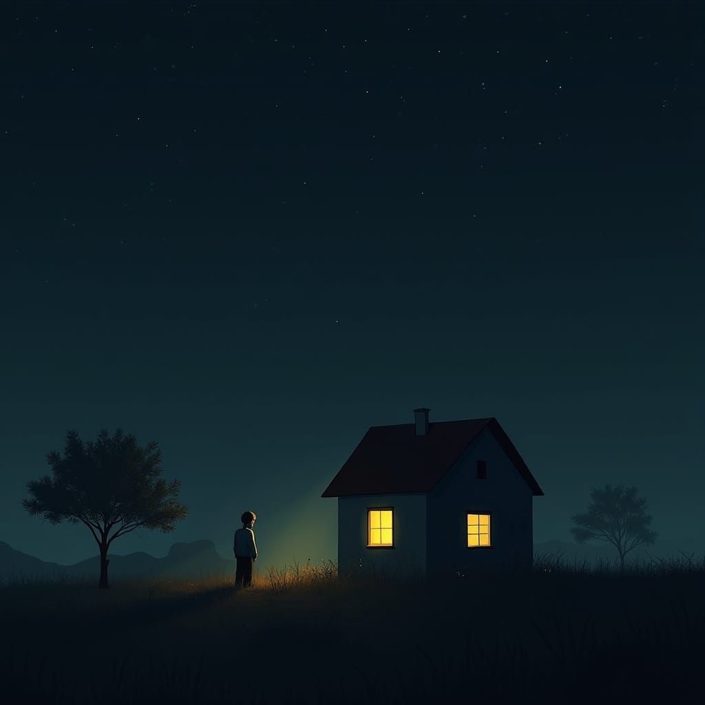 Melancholic Night Scene: House with Glowing Window