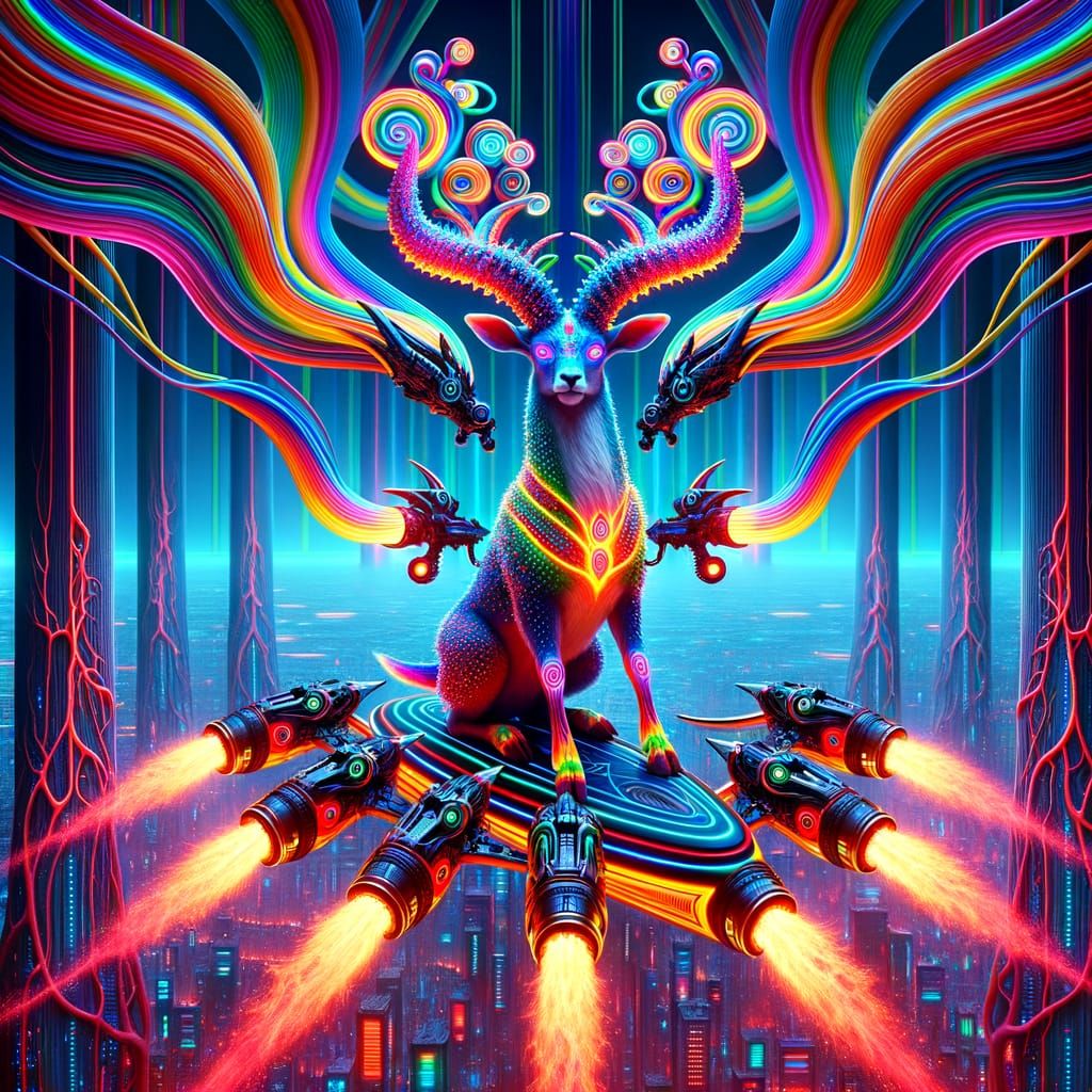 Multicolored, Three-Headed Antelope in Futuristic Surfing Sc...
