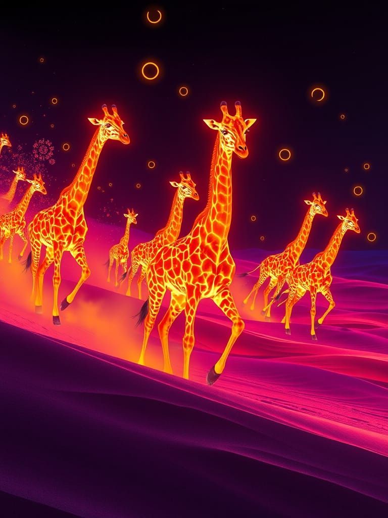 Neon Giraffes Stampede Through Surreal Landscape
