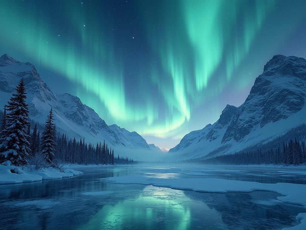 Northern Lights Dance Across a Majestic Glacial Valley