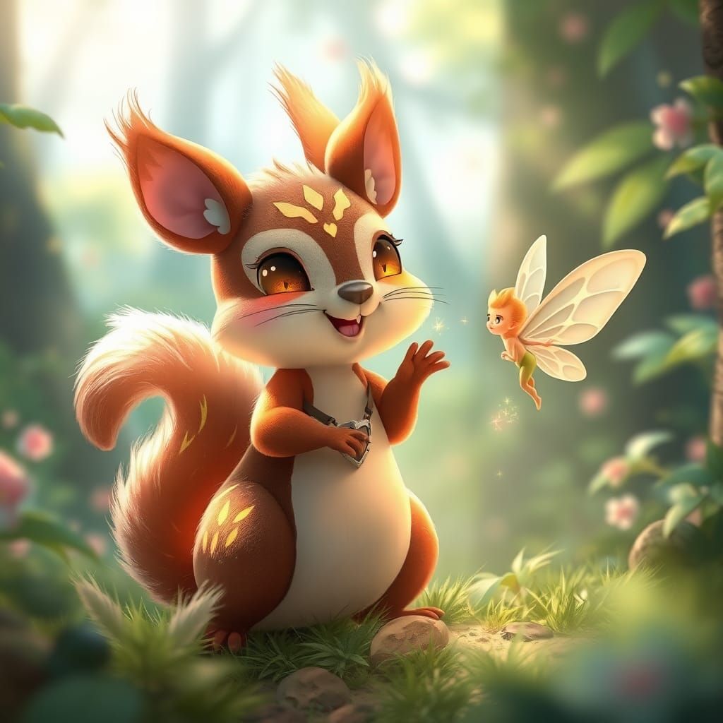 Whimsical Forest Scene with Squirrel and Fairy in 3D Anime S...