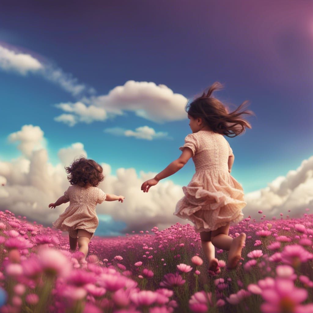 Toddlers in Flower Field: Cinematic Digital Painting