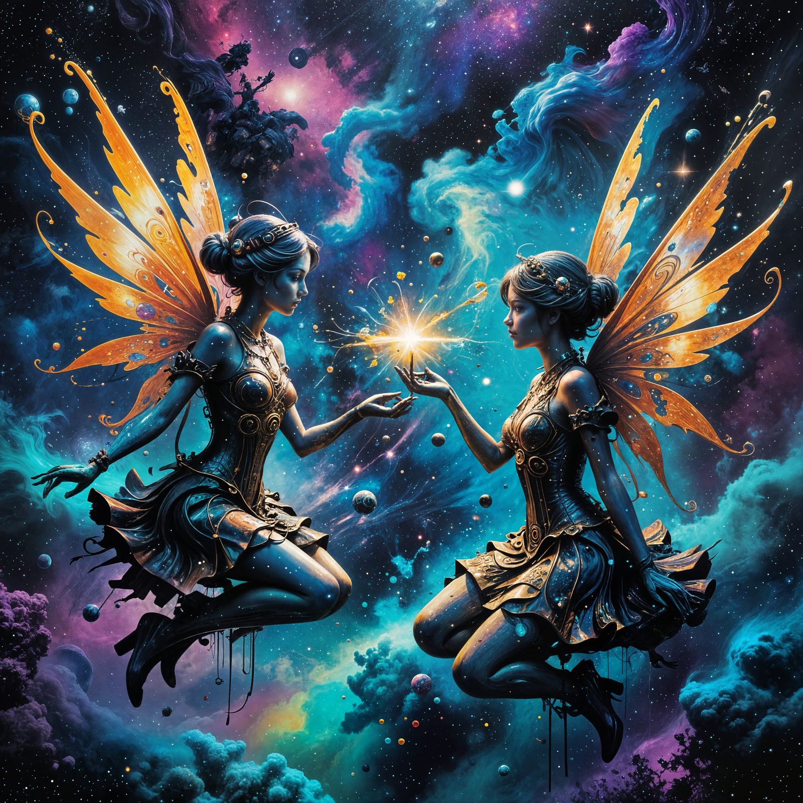 Galactic Fairies in Psychedelic Nebula Graffiti Art
