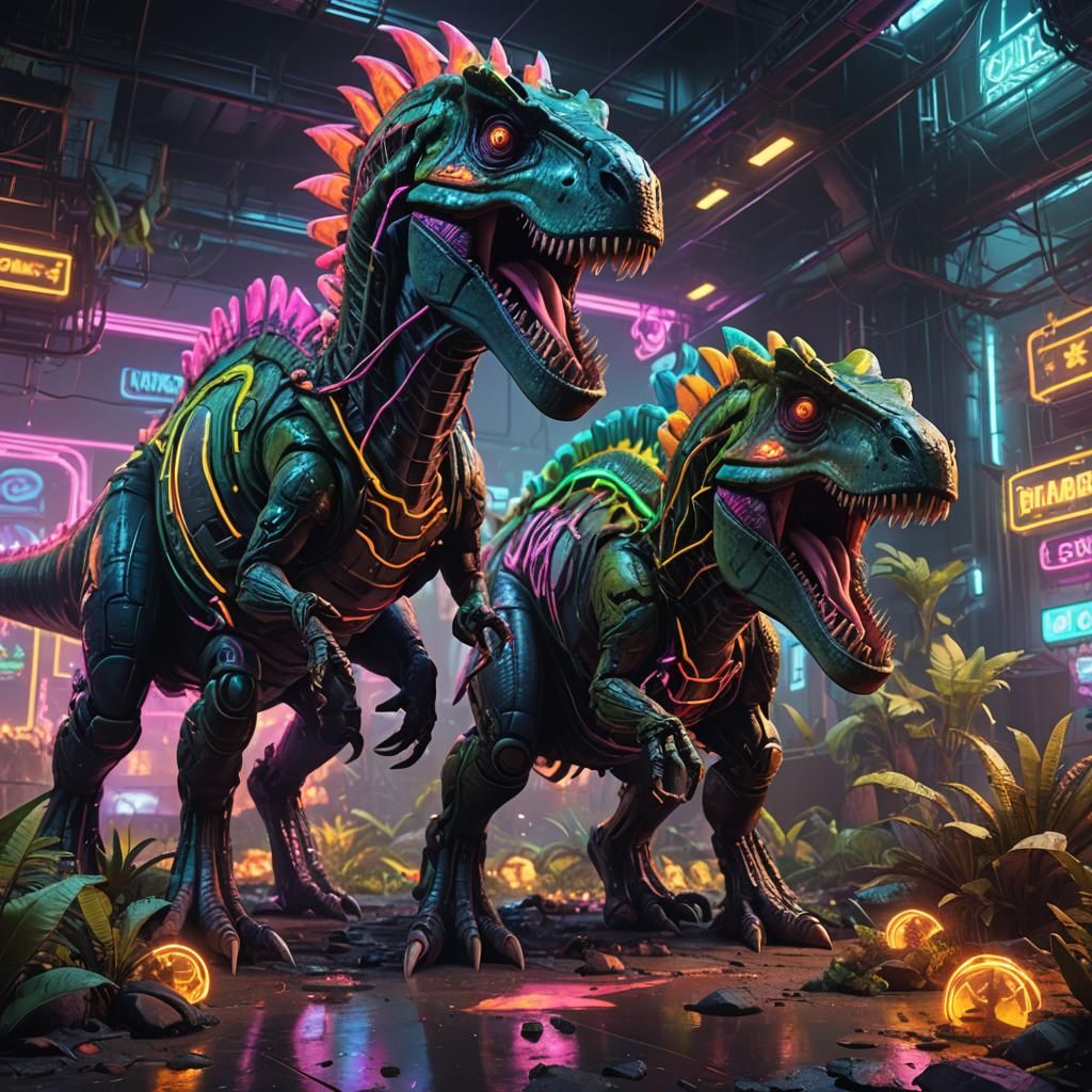 Neon Cybernetic Dinosaurs in Detailed Matte Painting