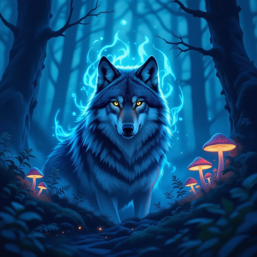 Ethereal Bioluminescent Wolf in Misty Forest