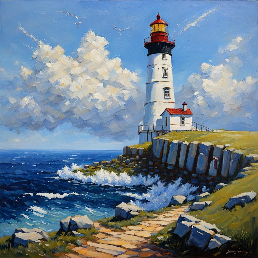 Lighthouse Guiding Ships: An Oil Painting