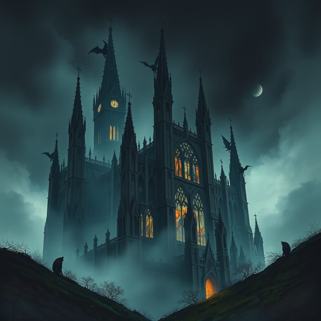 Gothic Cathedral on Misty Moor in Dark Atmospheric Style