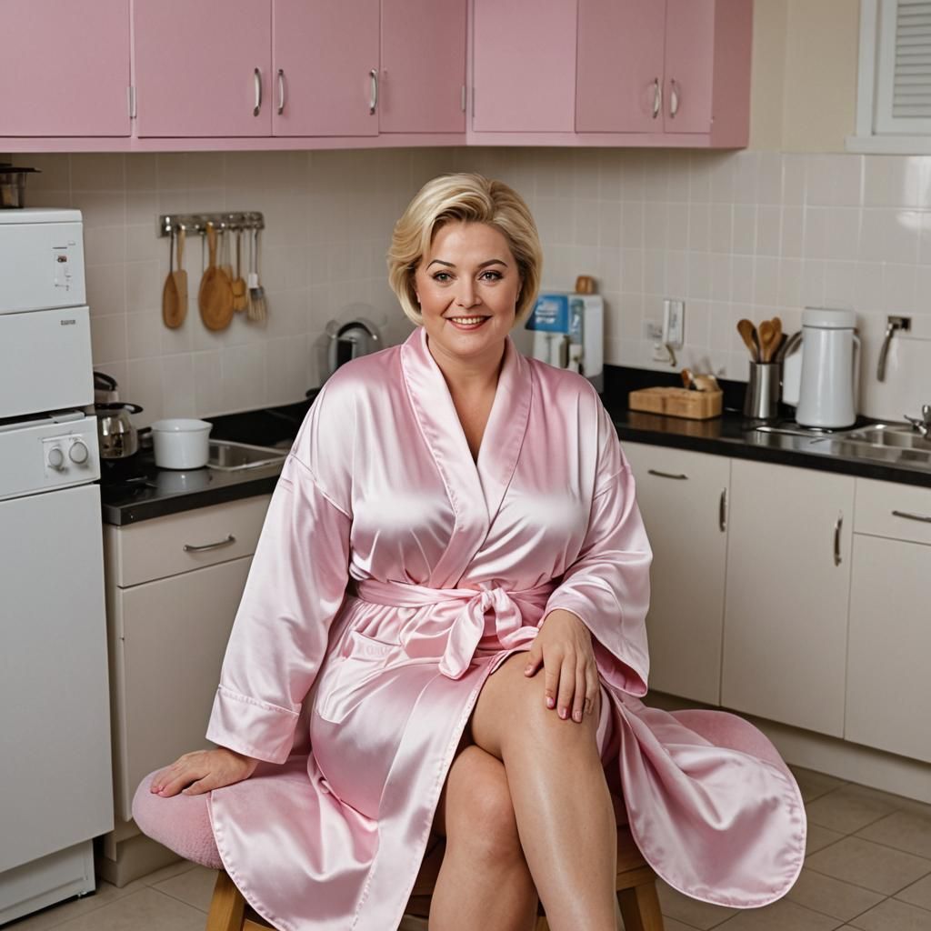 Chubby Lady in Silk Bathrobe in Kitchen