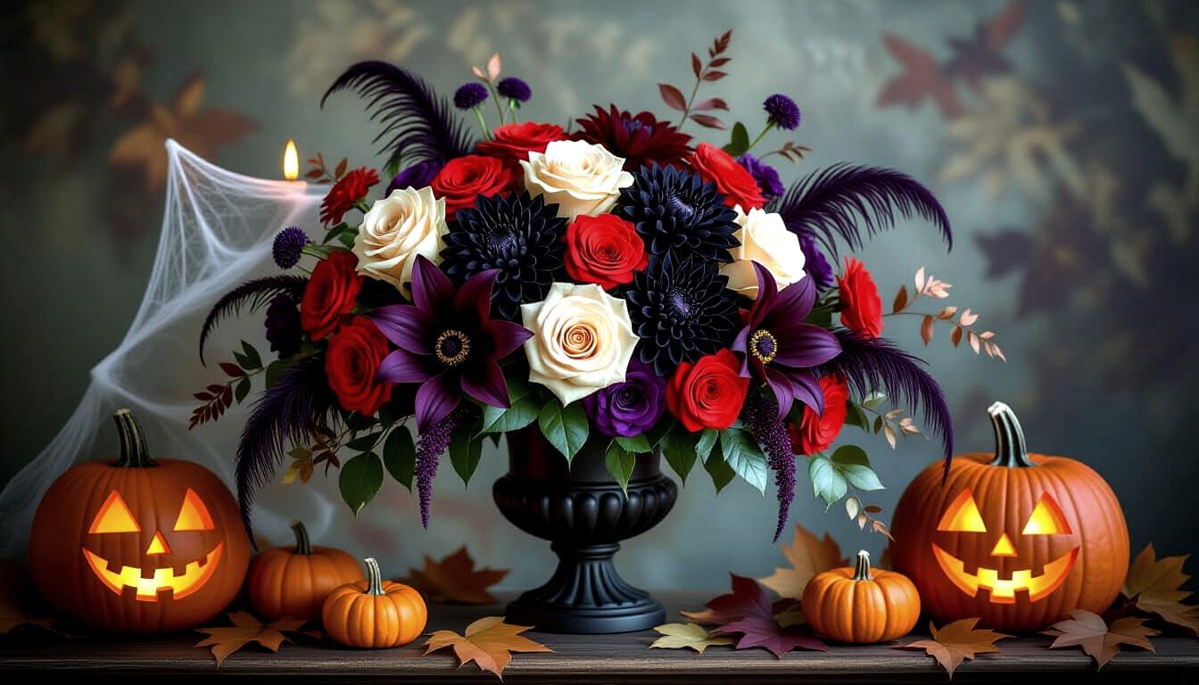 Elegant Halloween Flower Arrangement with Gothic Details