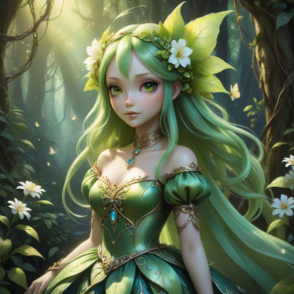 Whimsical Humanoid Chikorita in Vibrant Forest