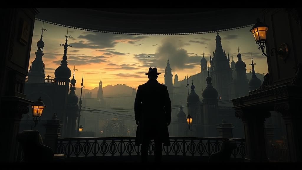 Film Noir Detective in Stylized Cityscape, Black and White