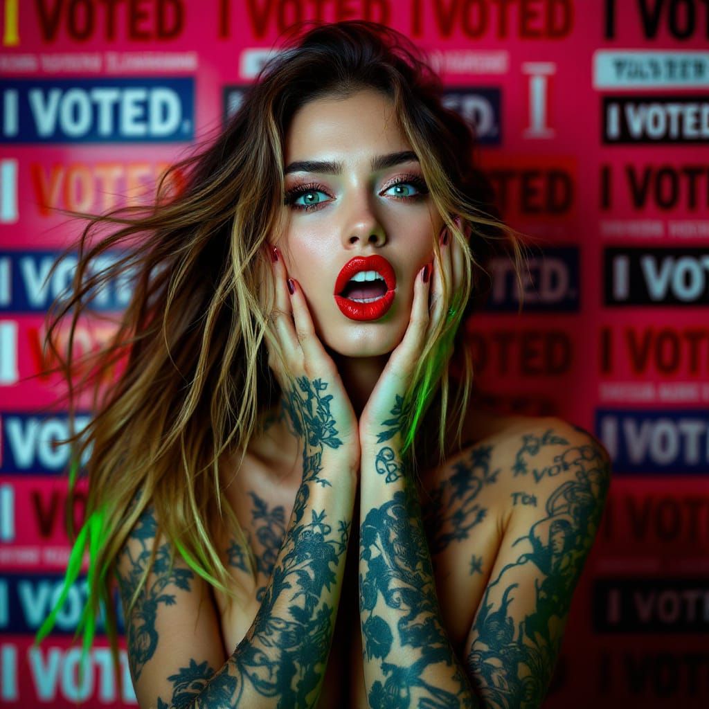 Edgy Fashion: Tattooed Woman in Bold "I VOTED" Scene