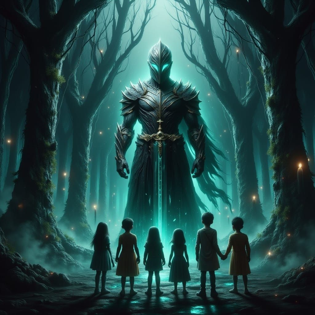 Emerald-Eyed Knight Statue Surrounded by Children