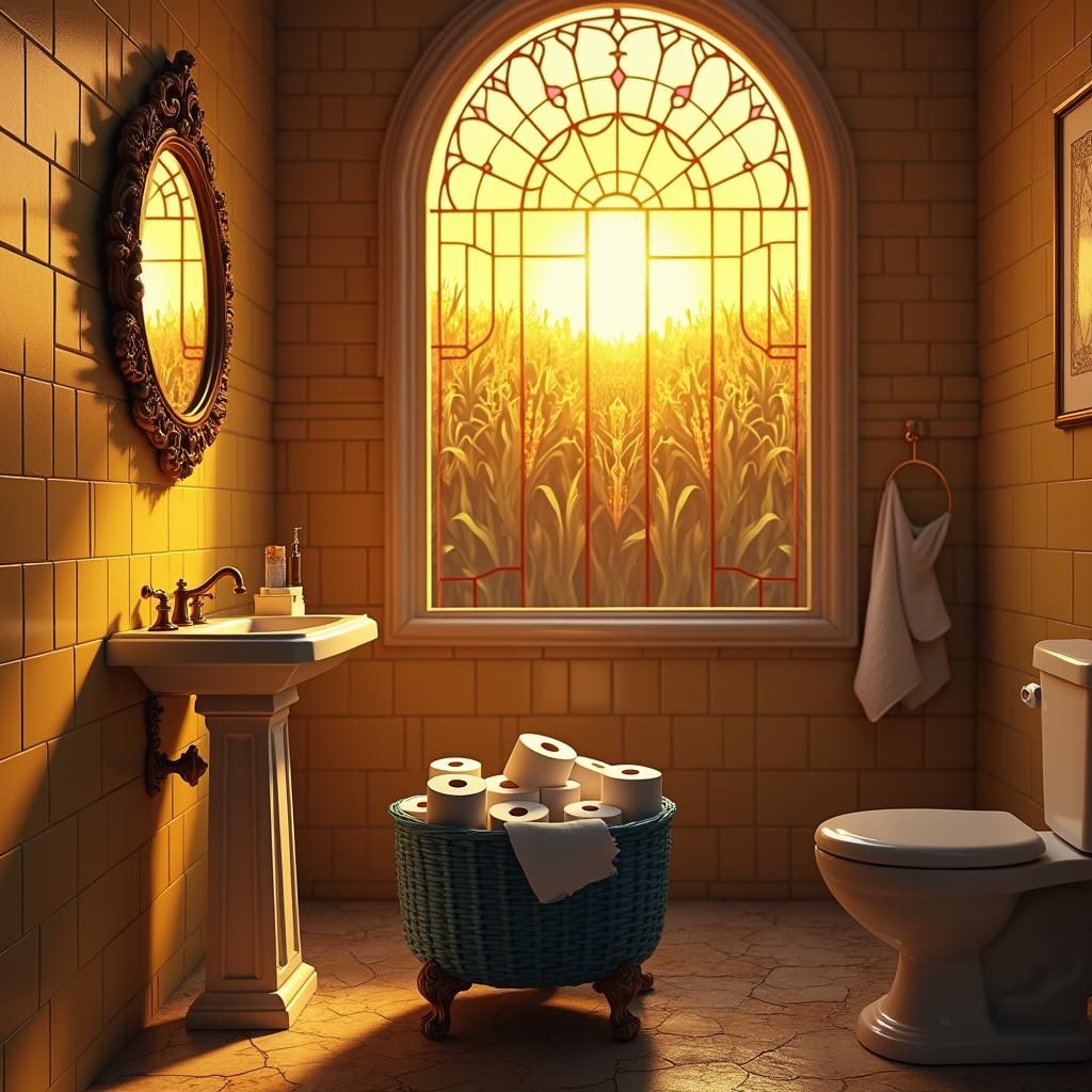 Ornate Bathroom with Golden Sunset, Photorealistic Render
