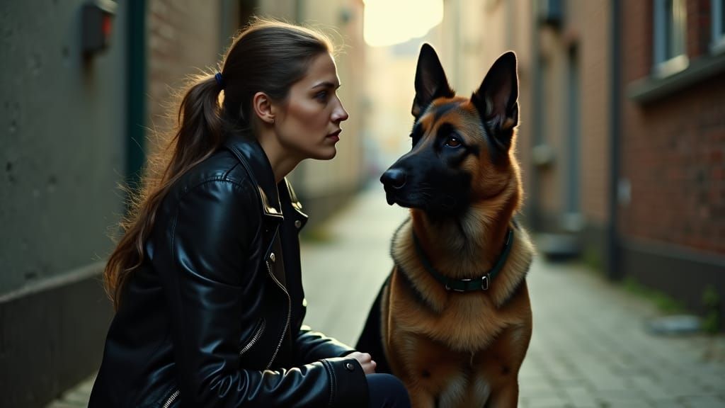 Woman and German Shepherd in Alleyway Film Still