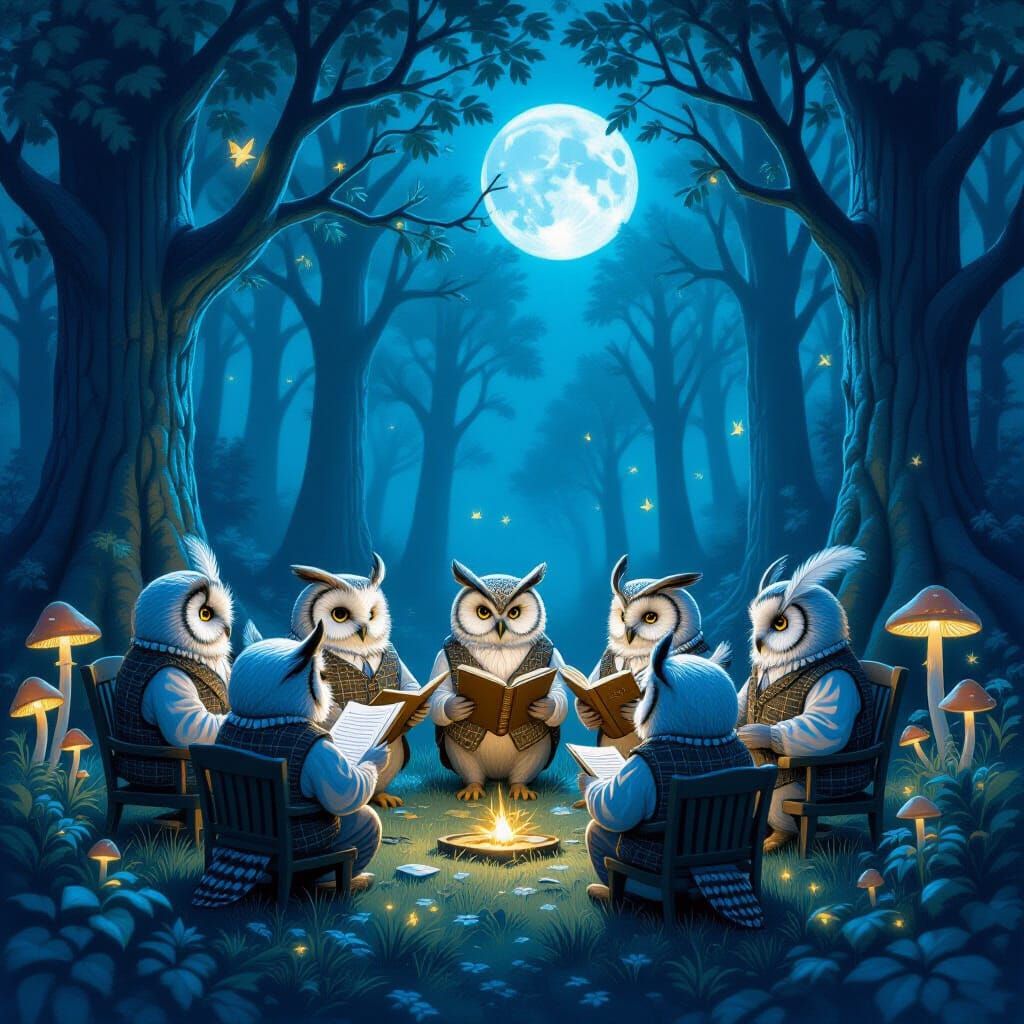 Owls Debating Philosophy in Moonlit Forest Clearing
