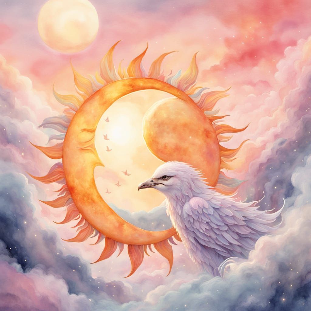 Sun and Moon Meet in Dreamy Twilight Watercolor