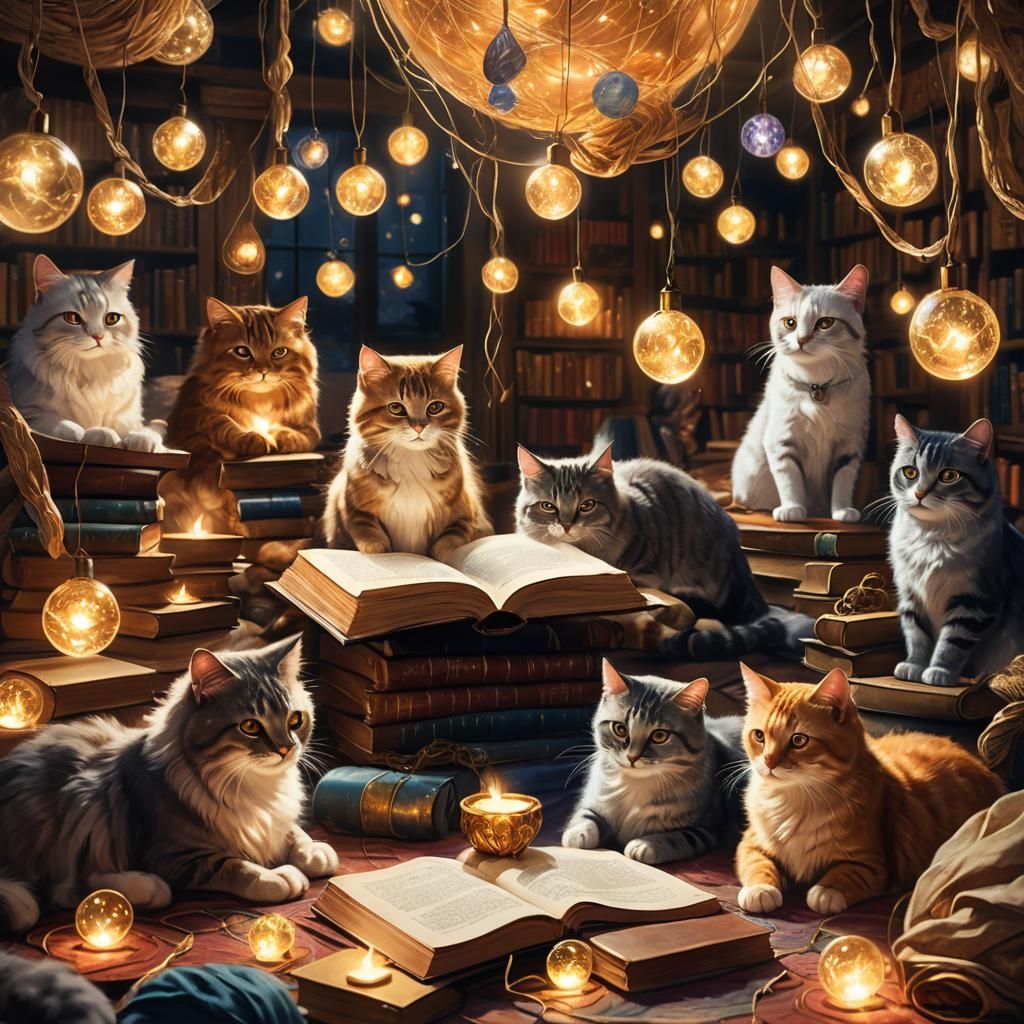 Magical Cats Gather Around Orb: Fantasy Art